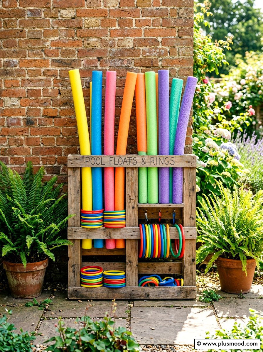 Wooden Pallet Organizer - 25 summer pool float storage ideas