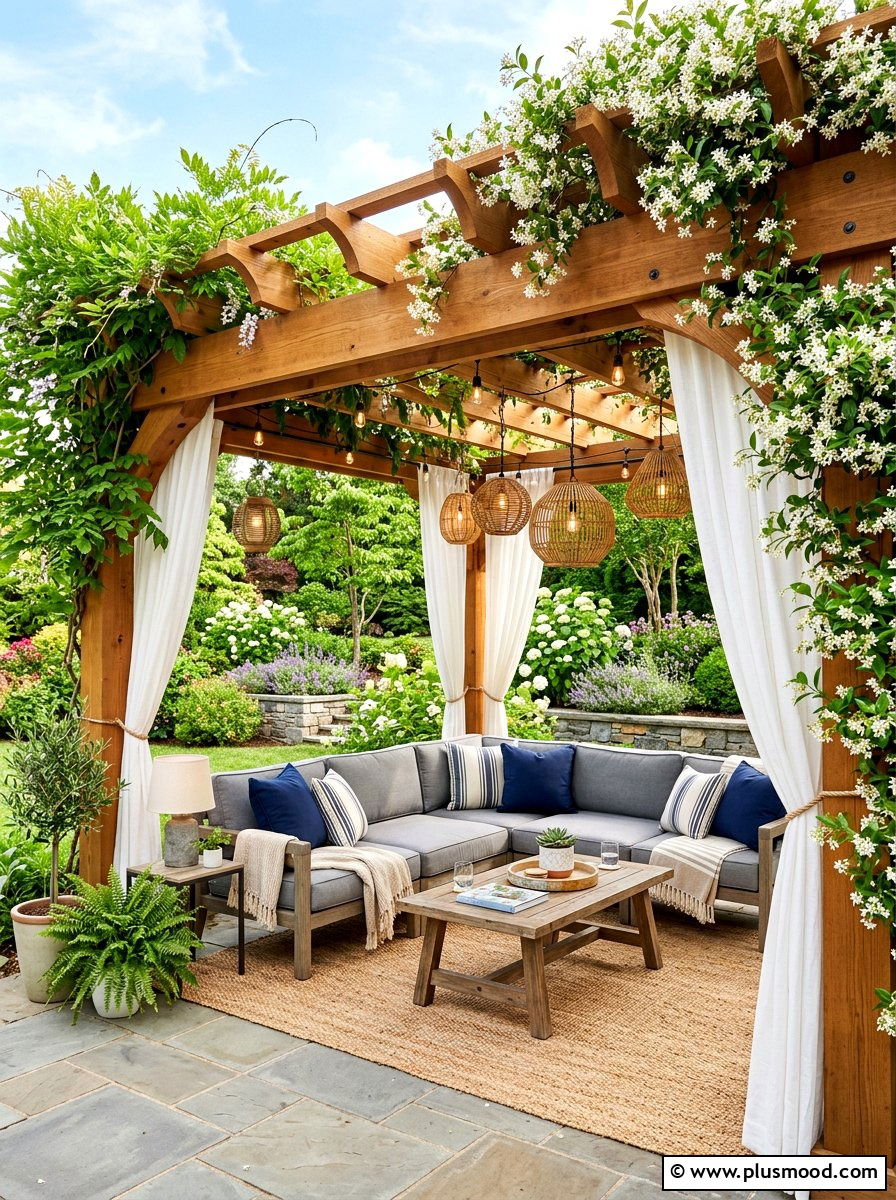Wooden Pergola Living Area - 25 summer backyard patio ideas