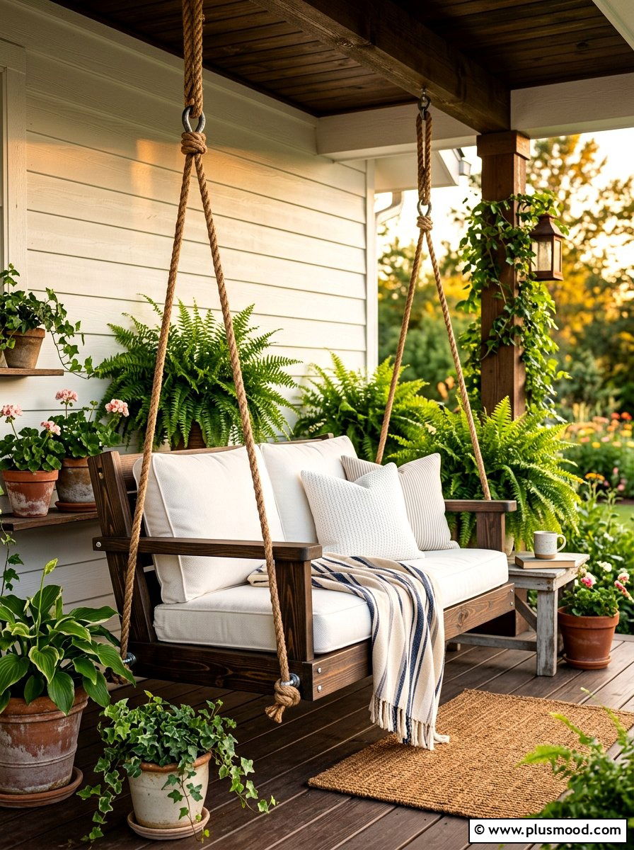 Wooden Porch Swing - 25 summer front porch seating ideas