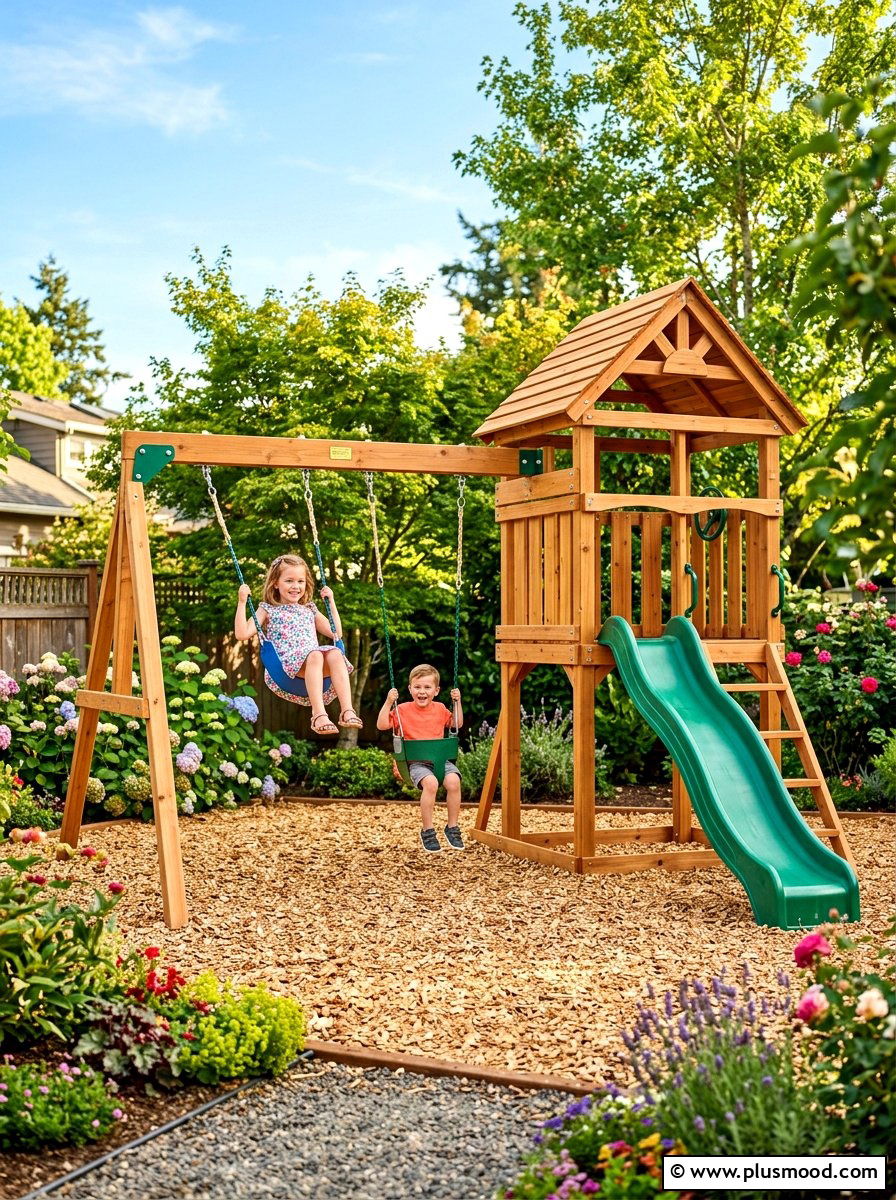 Wooden Swing Set - 25 summer backyard play area ideas