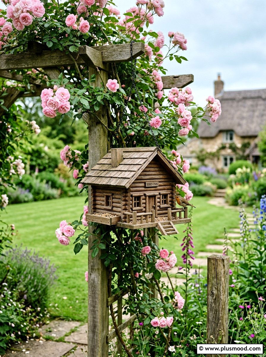 Wooden bird feeder house - 25 small backyard ideas with bird feeders