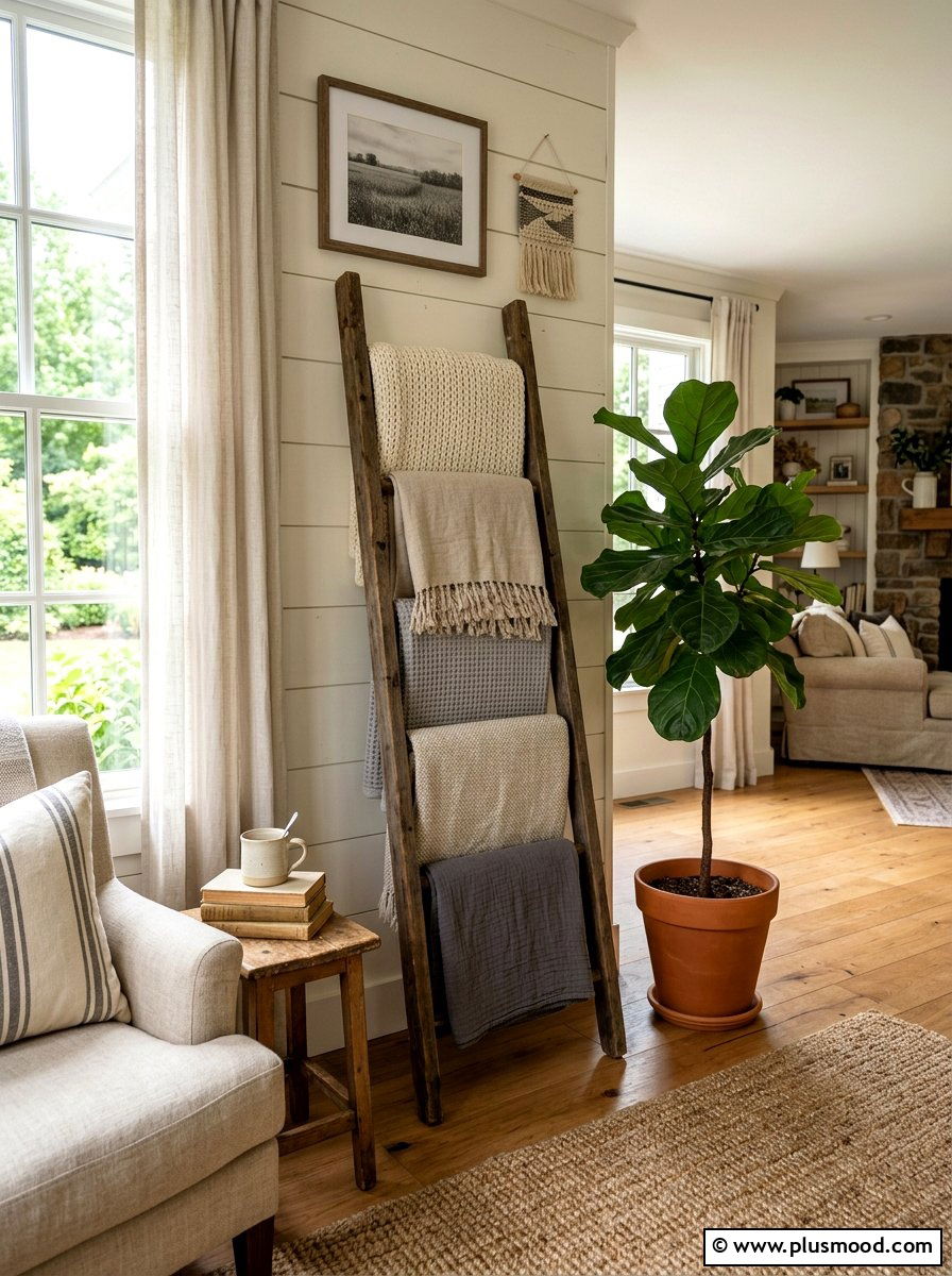Wooden blanket ladder corner - 25 late summer farmhouse decor ideas