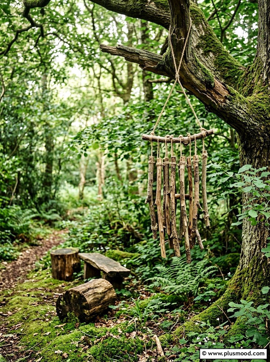 Wooden branch woodland garden - 25 outdoor garden decor ideas with wind chimes