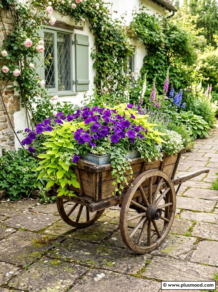 Wooden cart flower display - 25 outdoor garden decor ideas with wheelbarrow planter