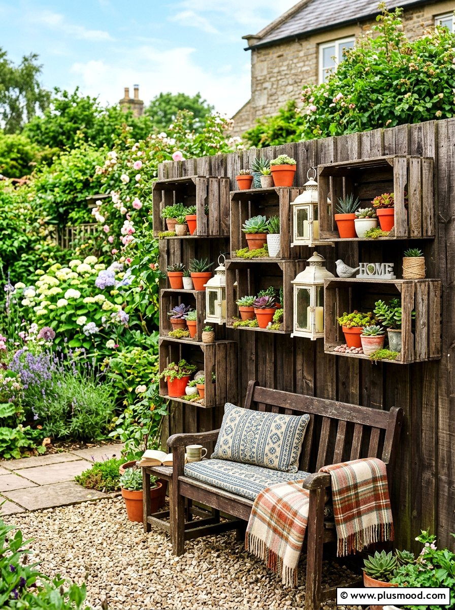 Wooden crate shelving fence - 25 summer backyard fence decor ideas