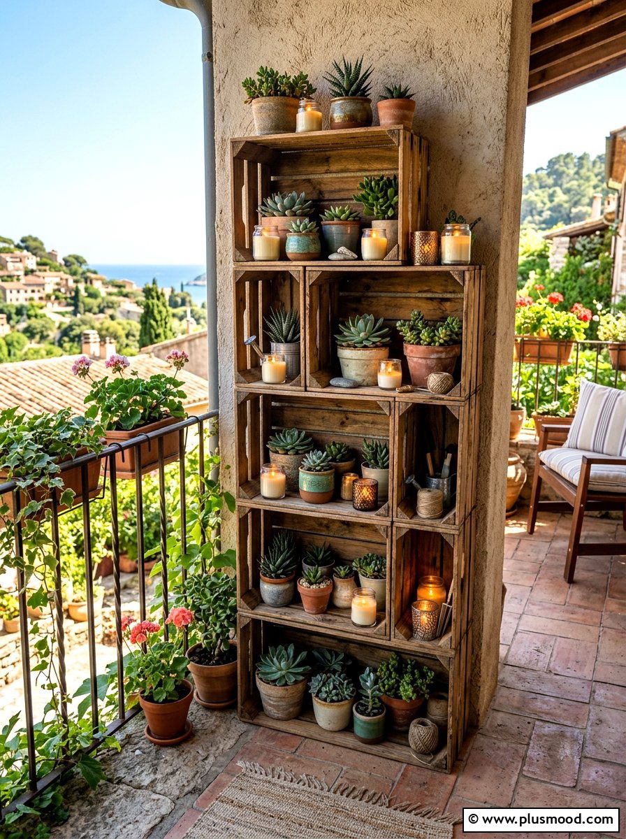 Wooden crate shelving - 25 summer balcony ideas on a budget