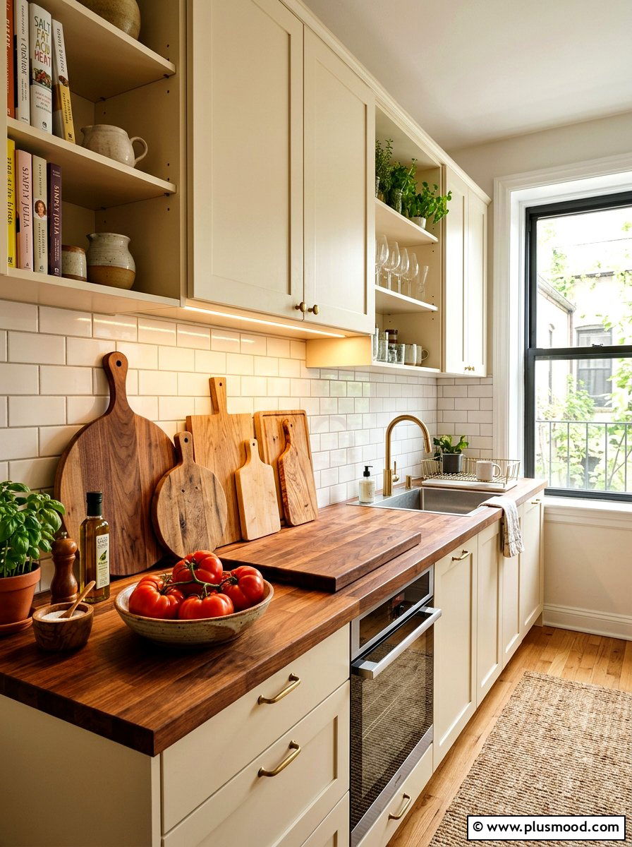 Wooden cutting board display - 25 summer kitchen decor ideas for apartments