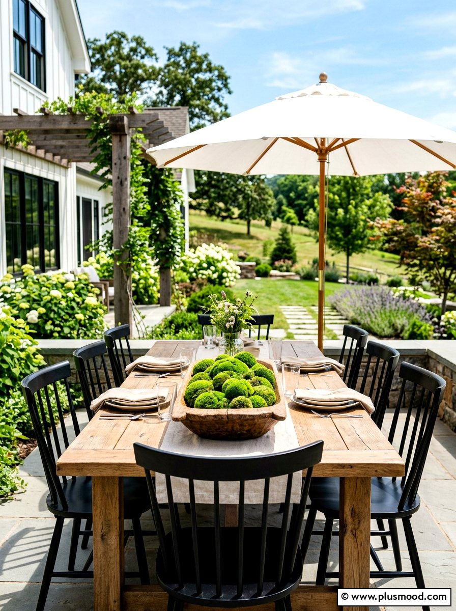 Wooden dough bowl with moss balls - 25 summer patio centerpiece ideas