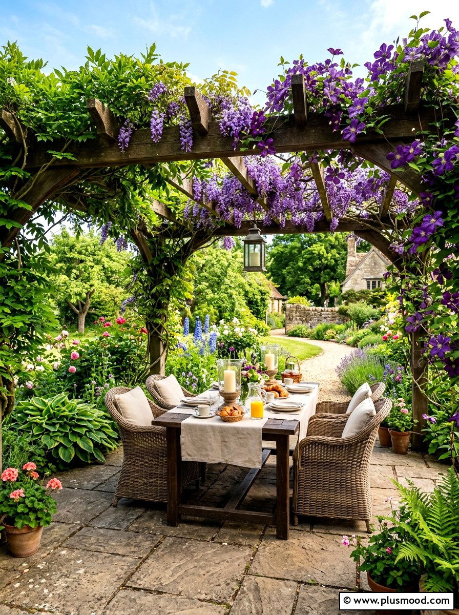 Wooden pergola climbing plants - 25 cozy summer backyard ideas