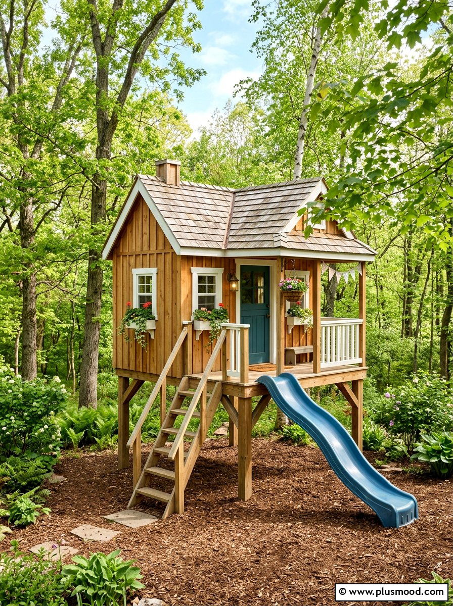 Wooden playhouse - 25 small backyard ideas for kids
