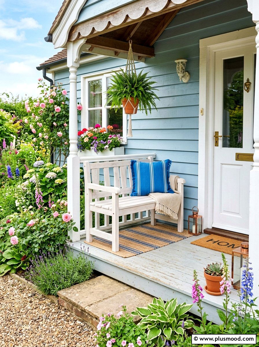 Wooden porch bench - 25 summer small porch curb appeal ideas