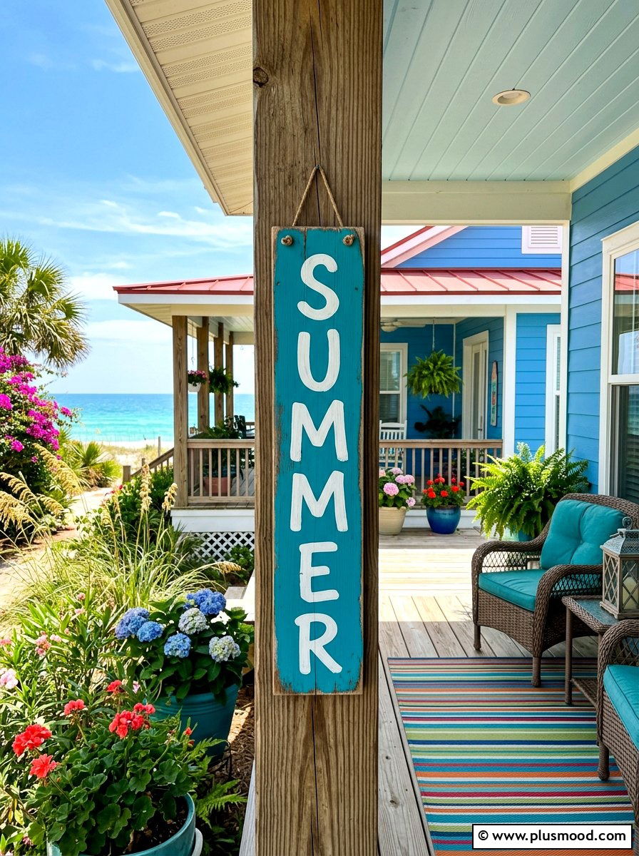 Wooden sign porch column - 25 summer porch column decor ideas
