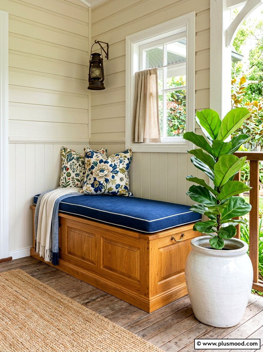 Wooden storage bench - 25 summer porch corner decor ideas