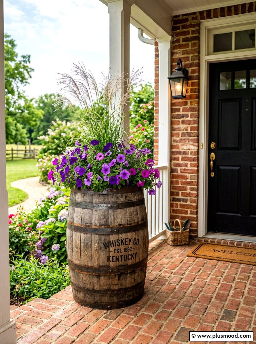 Wooden whiskey barrel planter - 25 summer front porch planter ideas