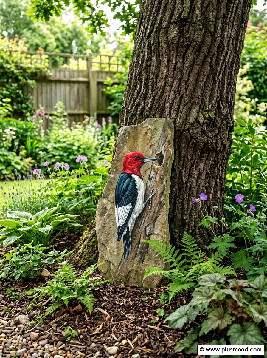 Woodland woodpecker rock - 25 painted rock ideas with forest animals