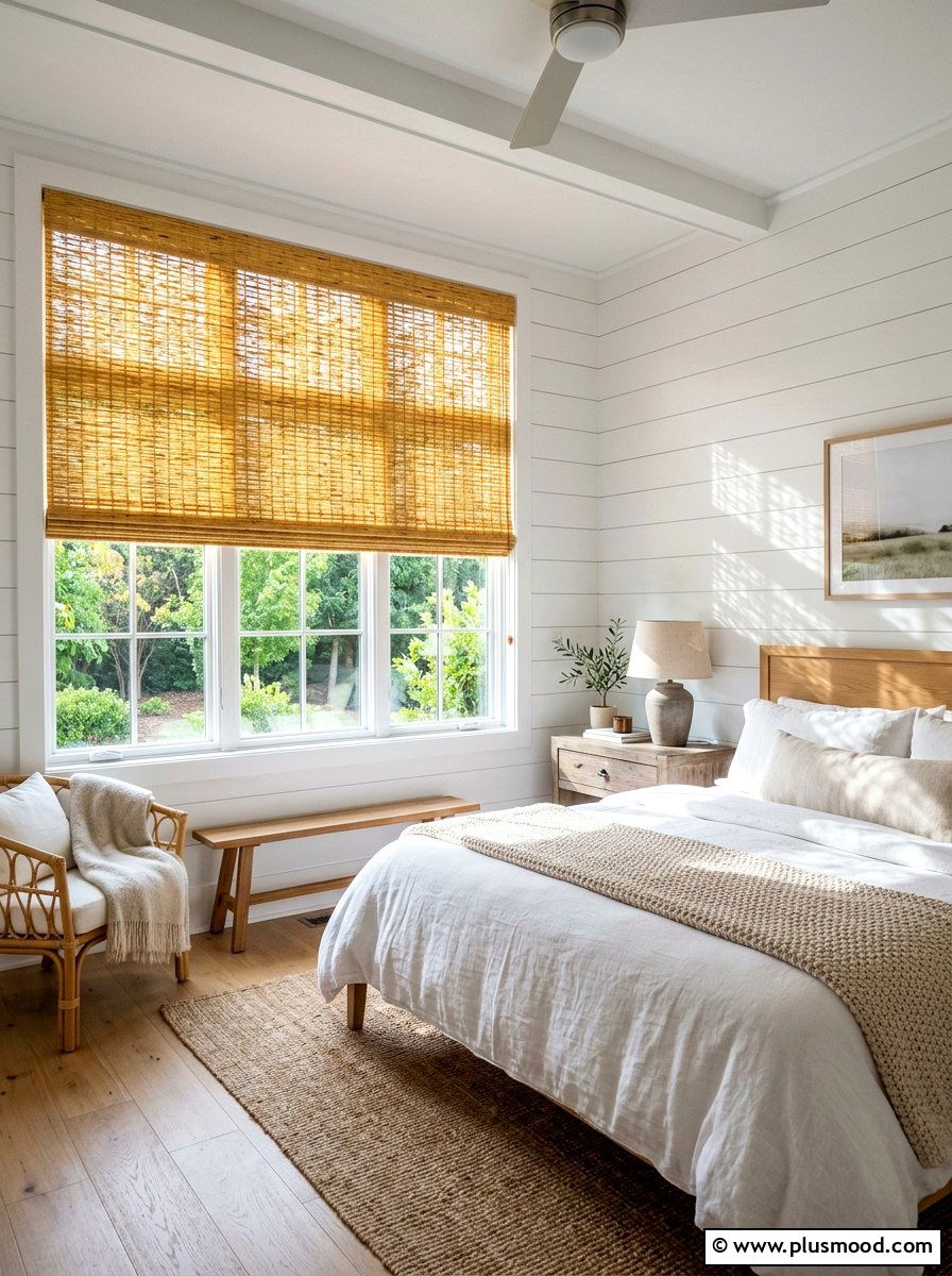 Woven Bamboo Blind Farmhouse Bedroom - 25 summer coastal farmhouse bedroom ideas