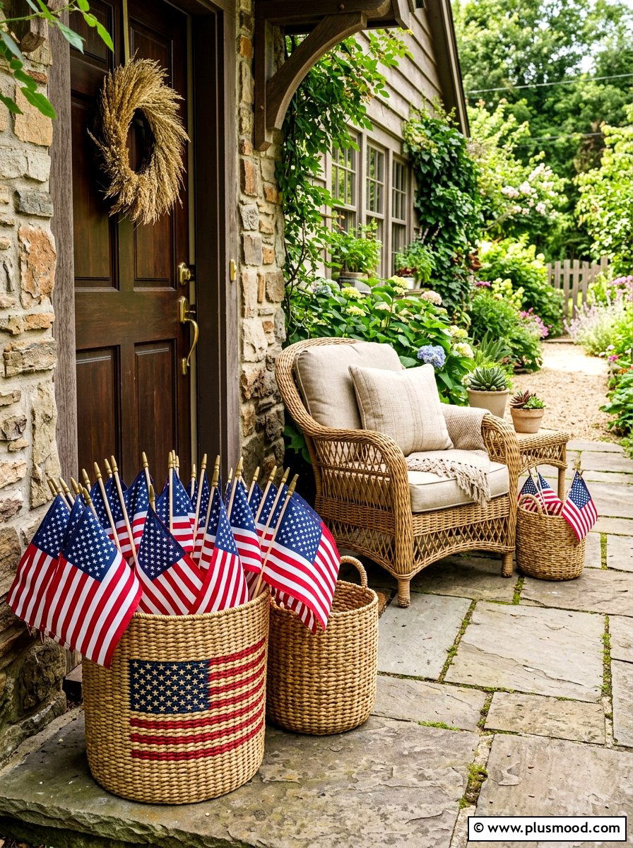 Woven Basket Decor - 25 summer front porch decor ideas with flags