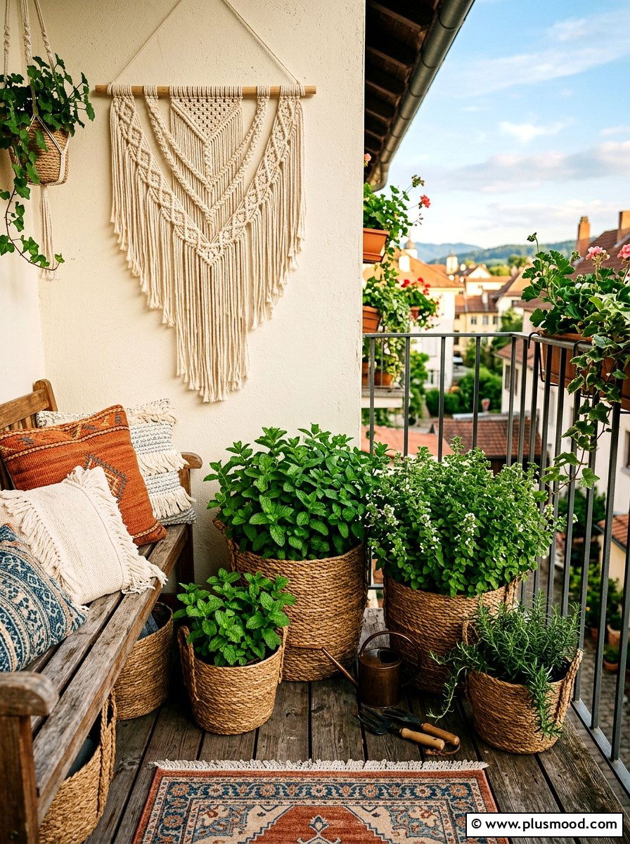 Woven Basket Herb Planter - 25 summer balcony herb garden ideas