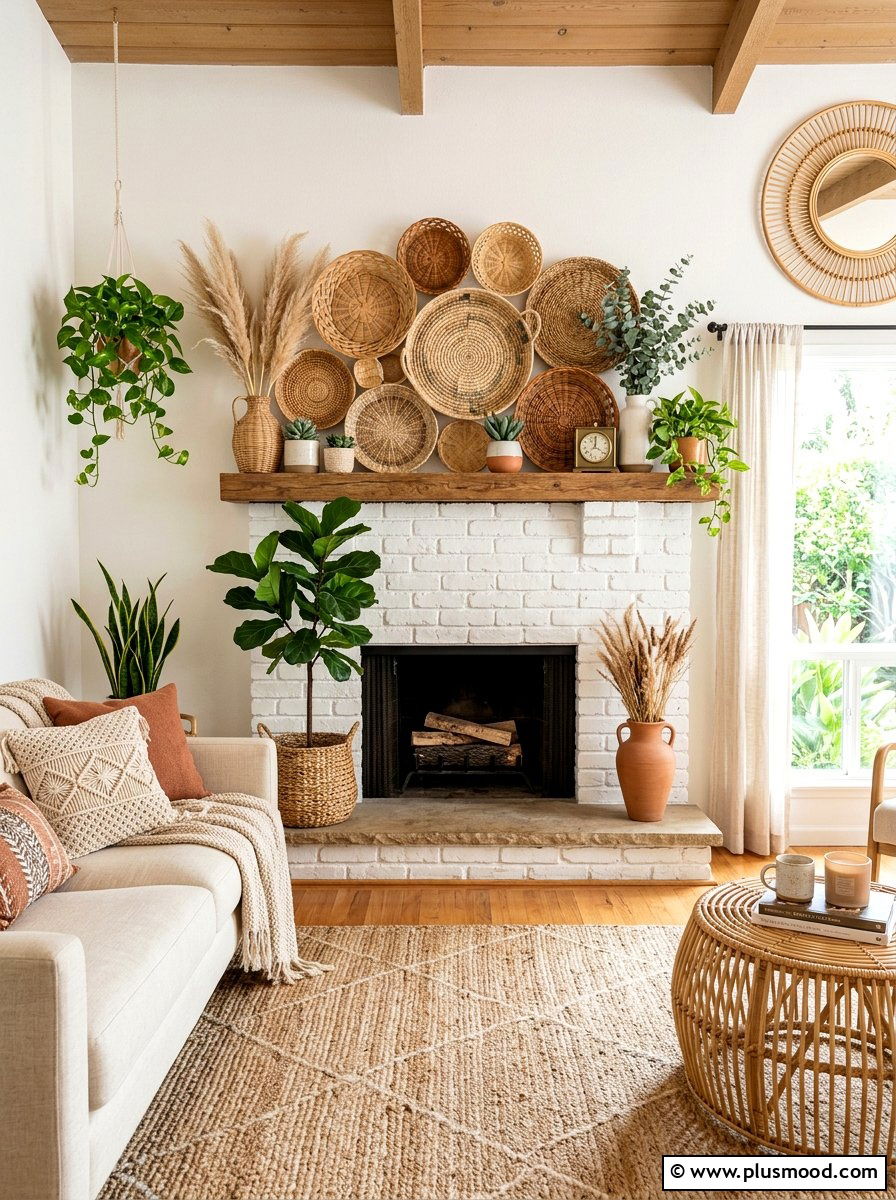 Woven Basket Mantel - 25 summer to fall mantel ideas