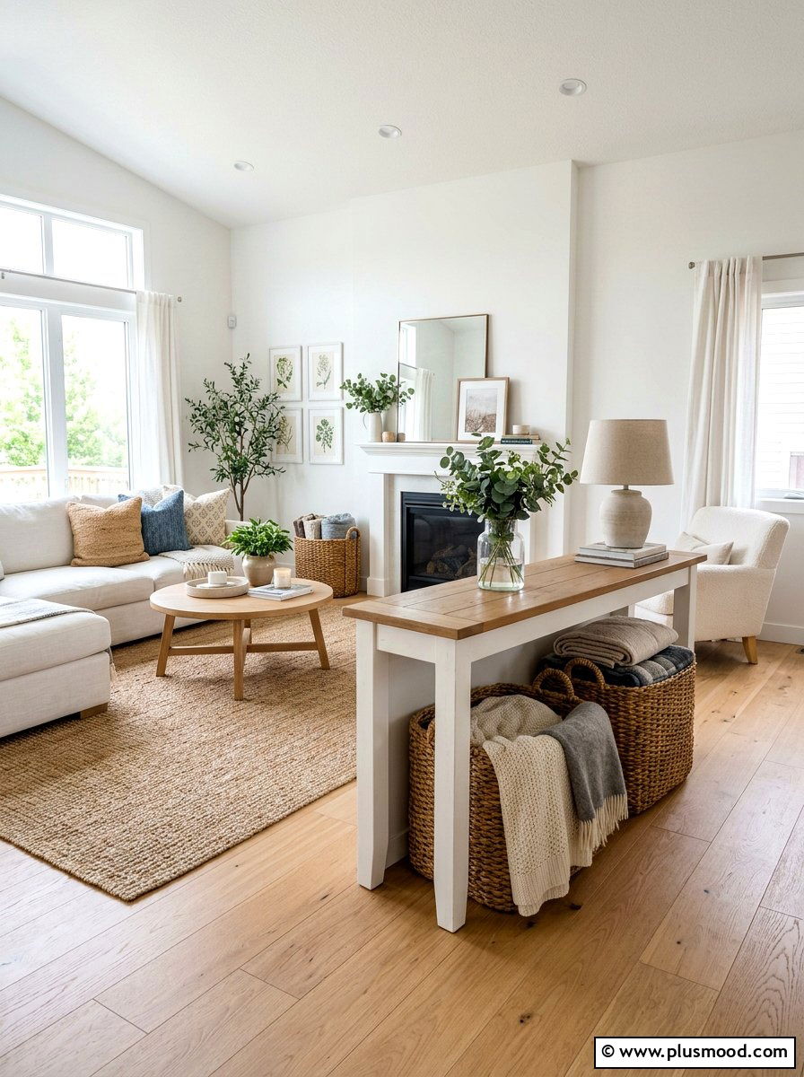 Woven Basket Storage - 25 summer coastal farmhouse living room ideas