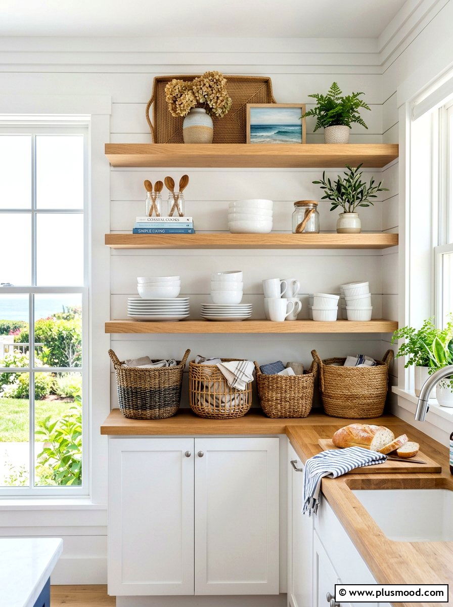 Woven Basket Storage Shelves - 25 summer kitchen organization ideas