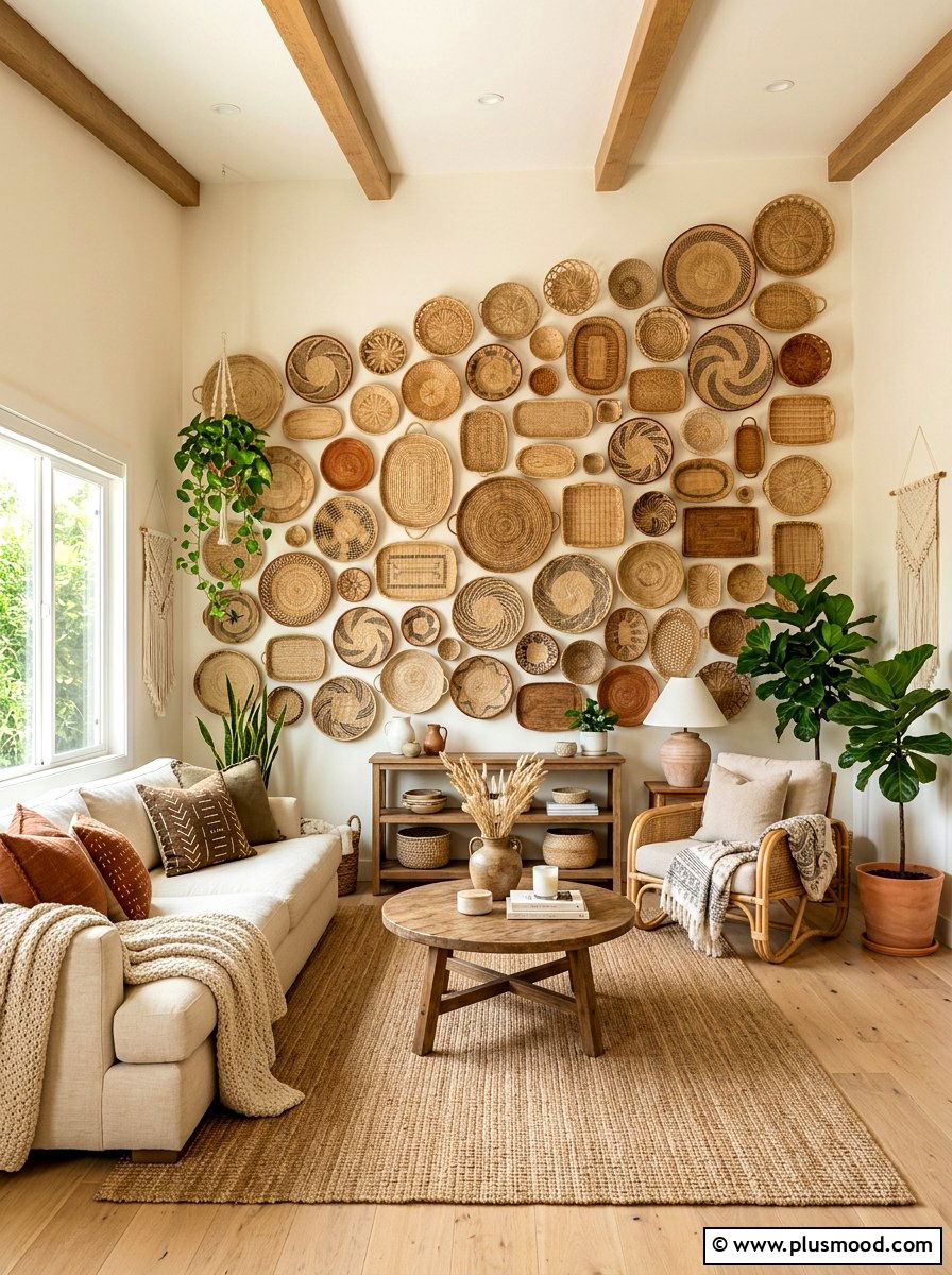 Woven Basket Wall - 25 summer shelf styling ideas for living room
