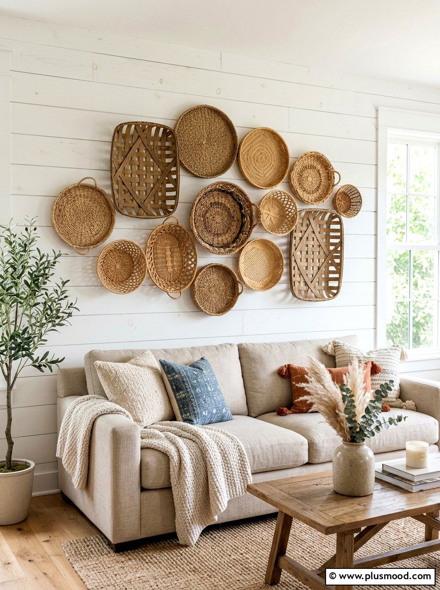 Woven Basket Wall Art - 25 summer farmhouse decor ideas