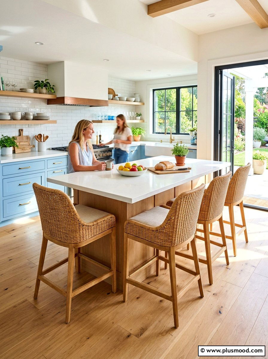 Woven Kitchen Bar Stools - 25 summer coastal kitchen ideas