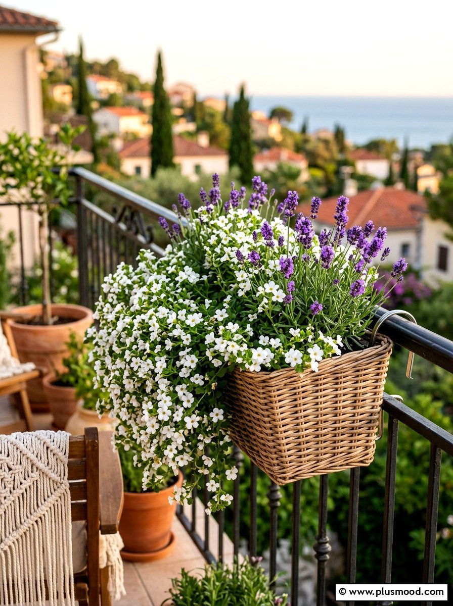 Woven Railing Basket - 25 summer railing planter balcony ideas