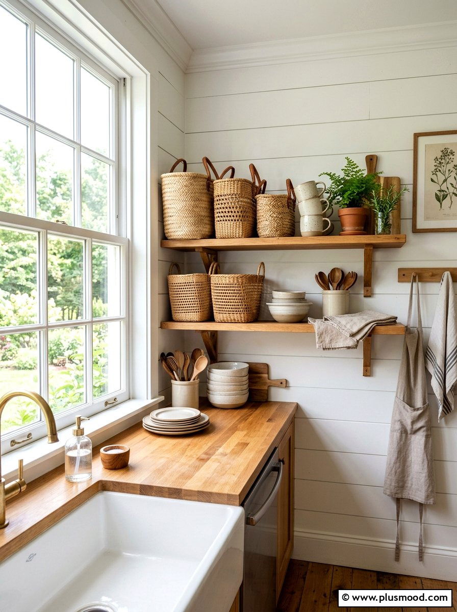 Woven Rattan Baskets - 25 summer kitchen shelf decor ideas
