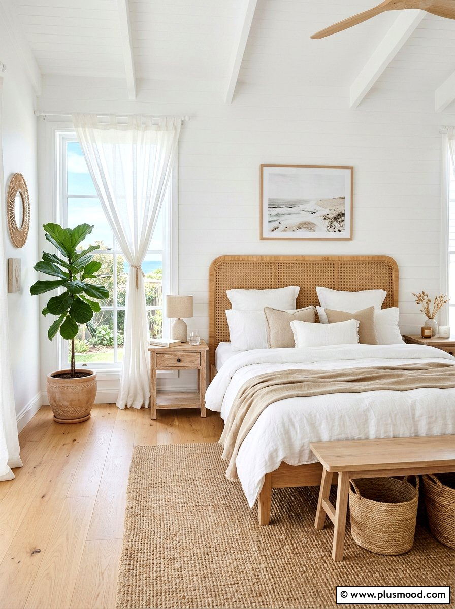 Woven Rattan Headboard - 25 farmhouse summer bedroom ideas