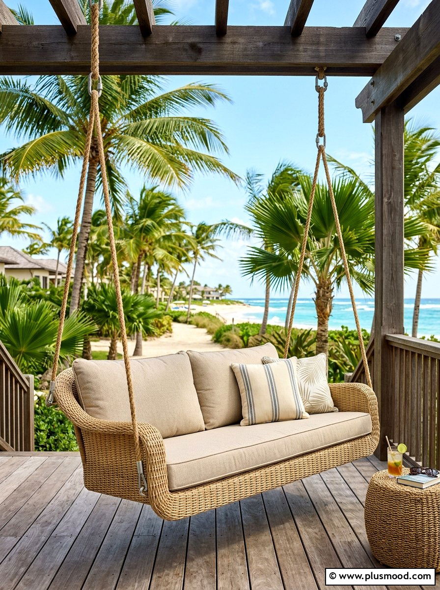 Woven Rattan Porch Swing - 25 summer front porch swing ideas