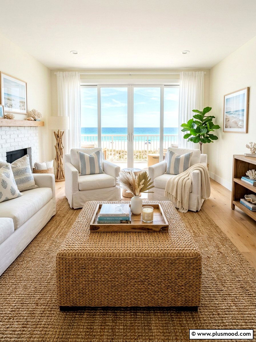 Woven Seagrass Ottoman - 25 summer layered texture ideas for living room