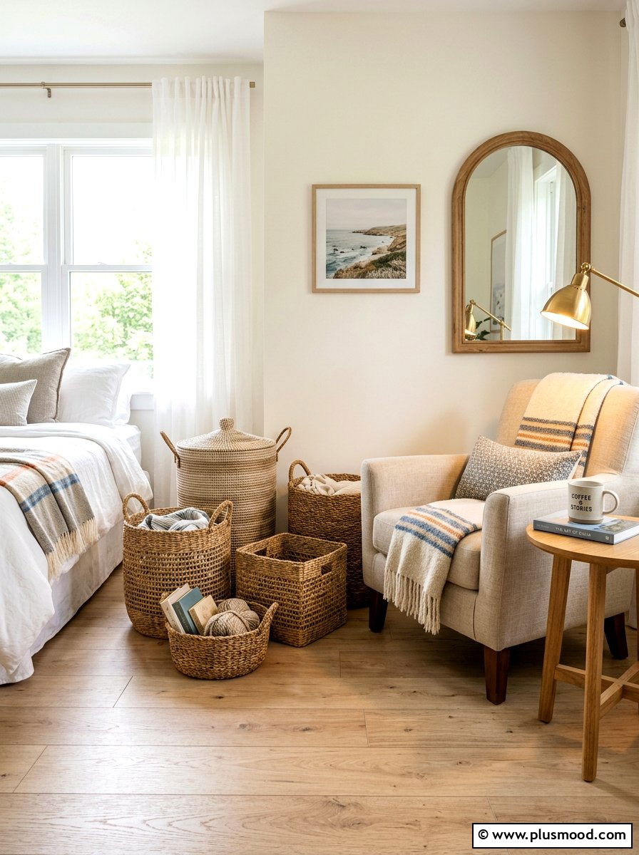 Woven Storage Basket Bedroom - 25 summer coastal farmhouse bedroom ideas