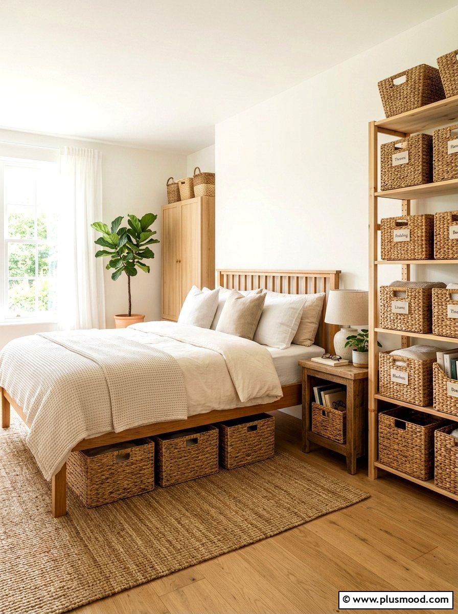 Woven Storage Basket Bedroom - 25 farmhouse summer bedroom ideas
