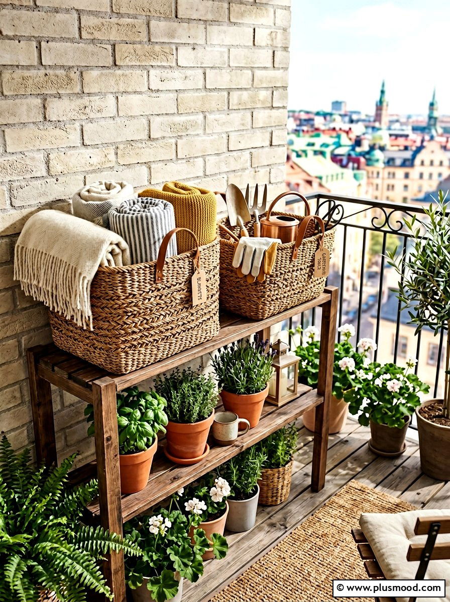 Woven Storage Baskets - 25 summer renter friendly balcony ideas
