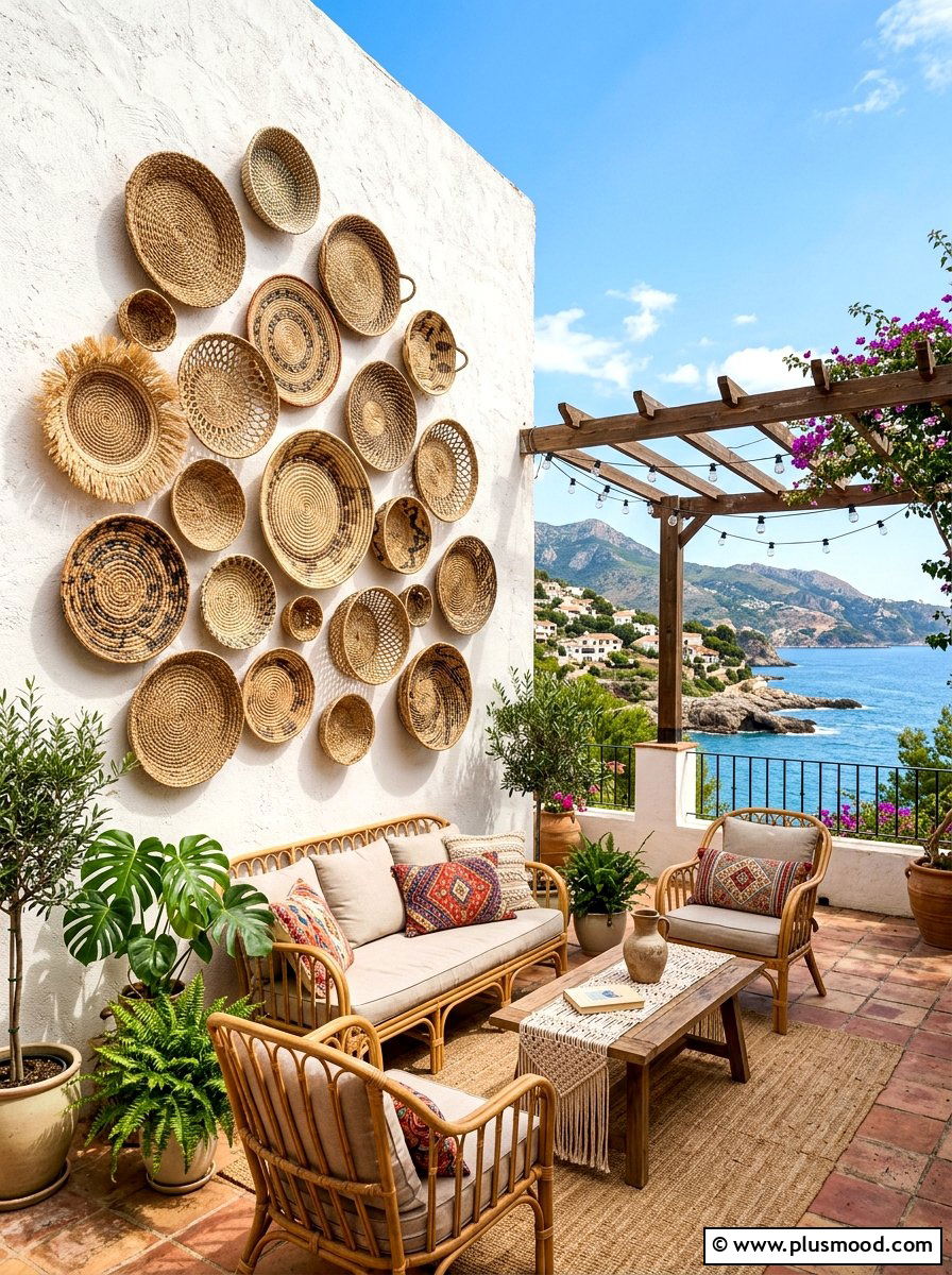 Woven Wall Basket Decor - 25 summer boho patio ideas