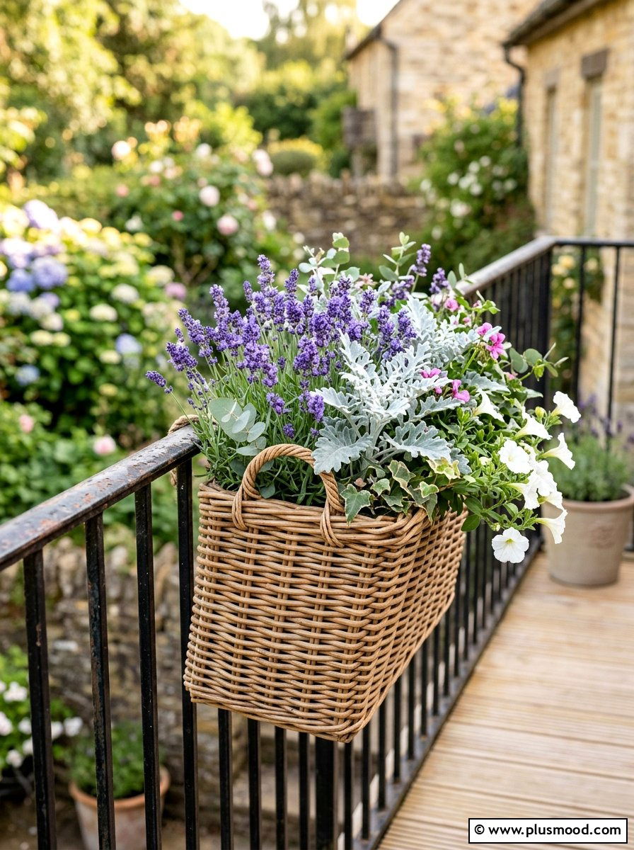 Woven Wicker Railing Basket - 25 summer porch rail planter ideas
