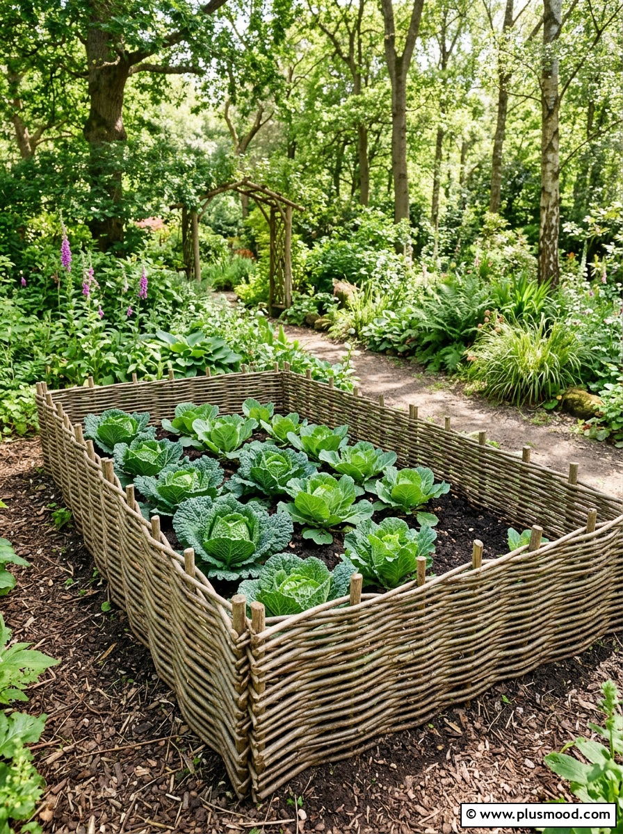 Woven Willow Hurdle Vegetable Bed - 25 outdoor garden decor ideas with vegetable display
