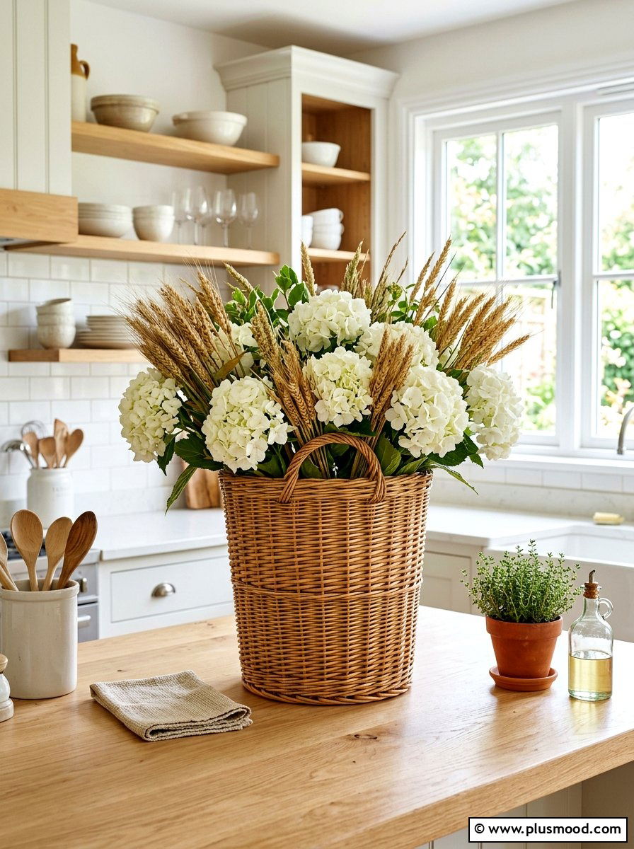Woven basket hydrangea countertop display - 25 summer kitchen decor ideas with hydrangeas