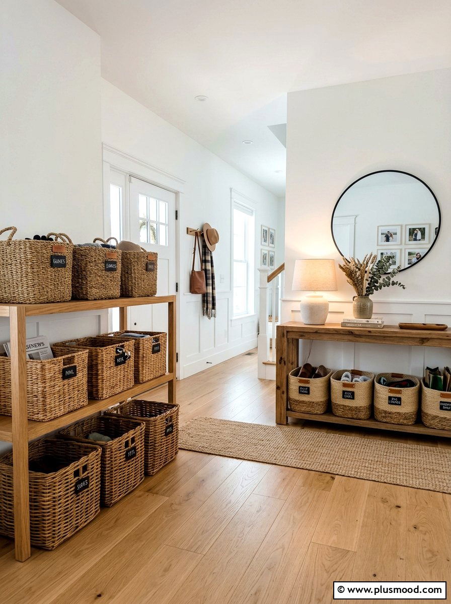 Woven basket storage foyer - 25 summer entryway decor ideas