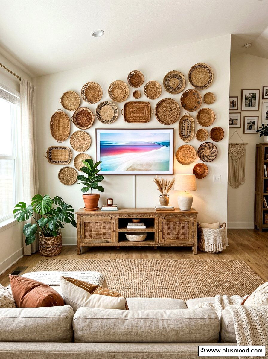 Woven basket tv wall - 25 summer TV wall decor ideas