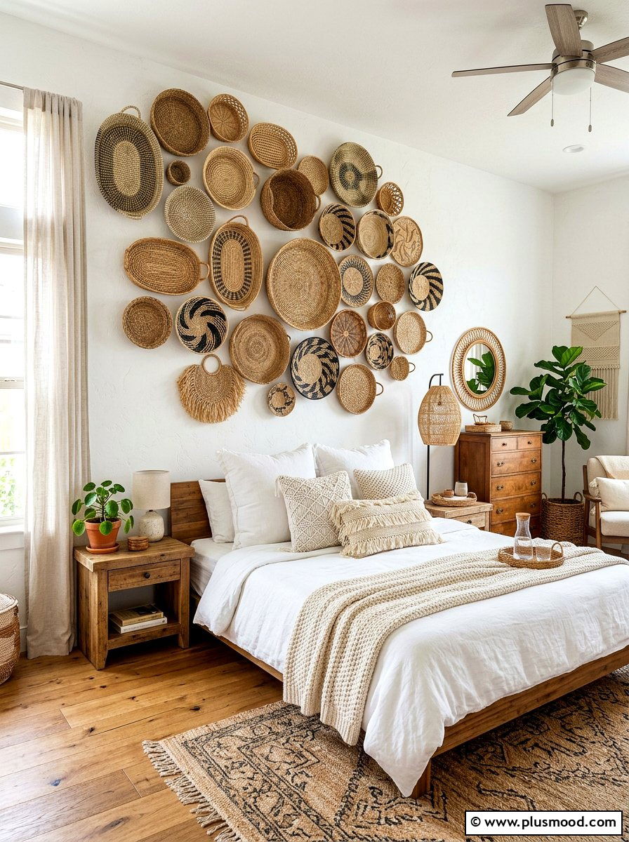 Woven basket wall bedroom - 25 boho summer bedroom ideas