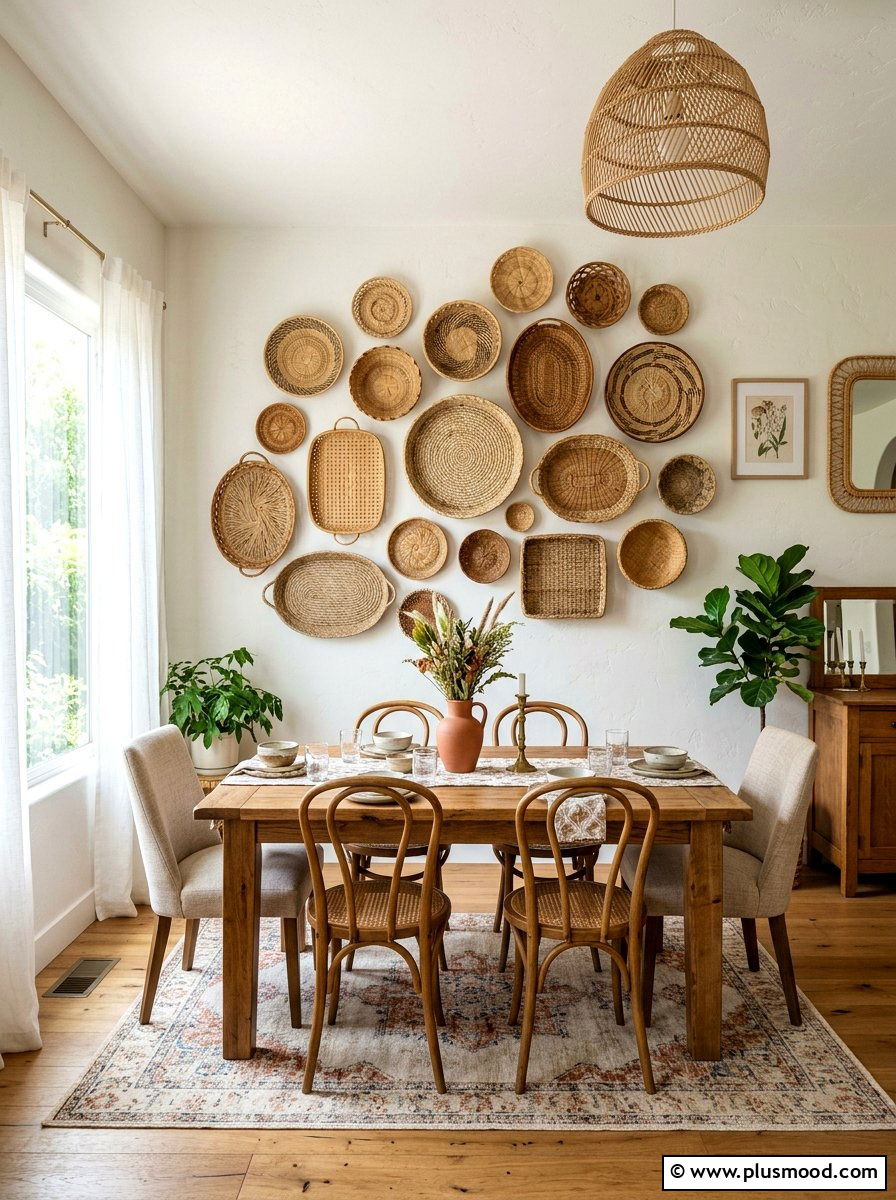 Woven basket wall hanging - 25 summer English cottage summer decor ideas