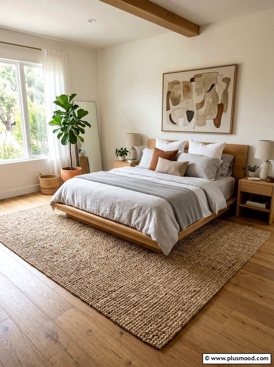 Woven jute rug - 25 late summer bedroom decor ideas
