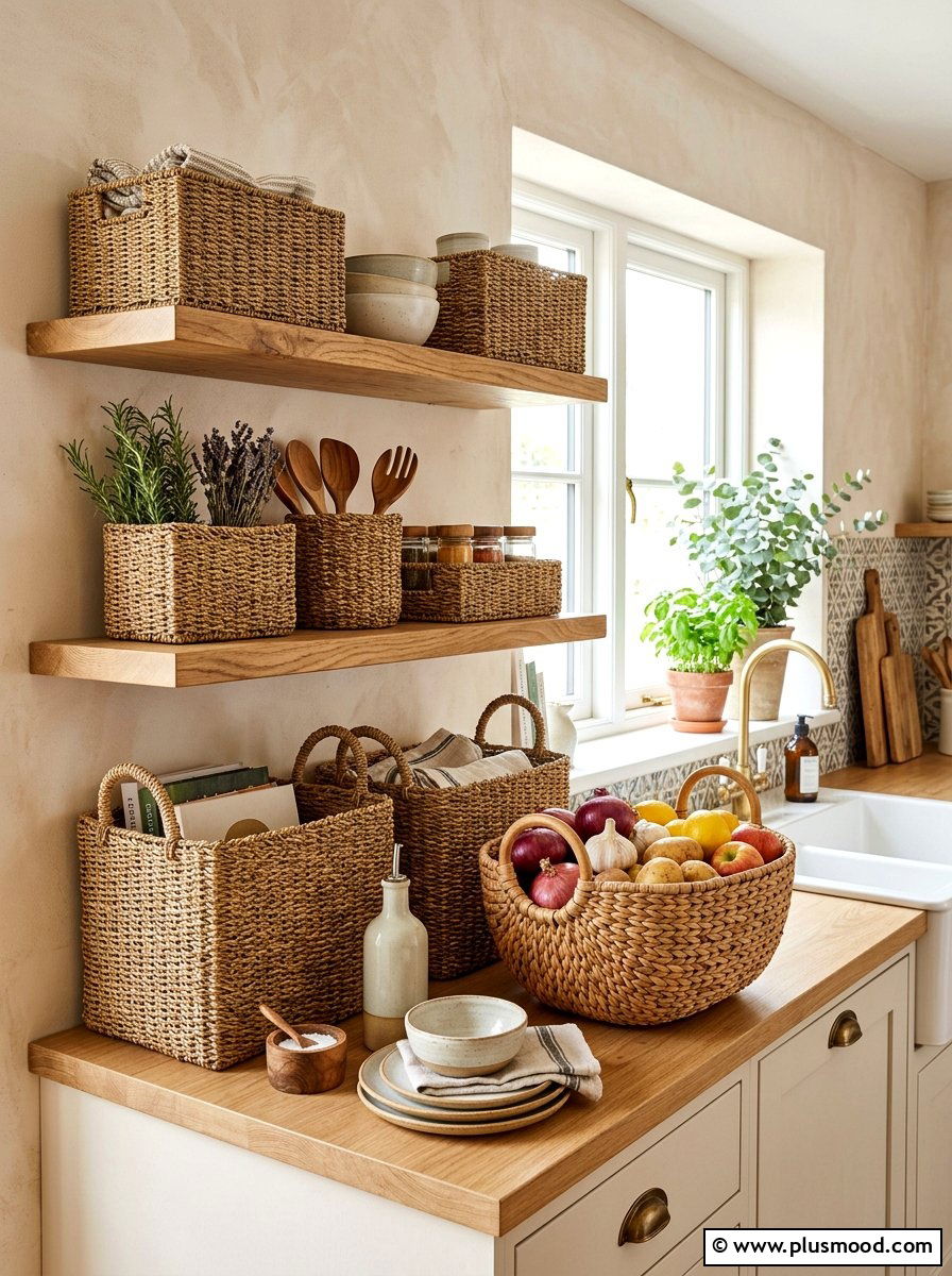 Woven kitchen storage baskets - 25 summer kitchen decor ideas
