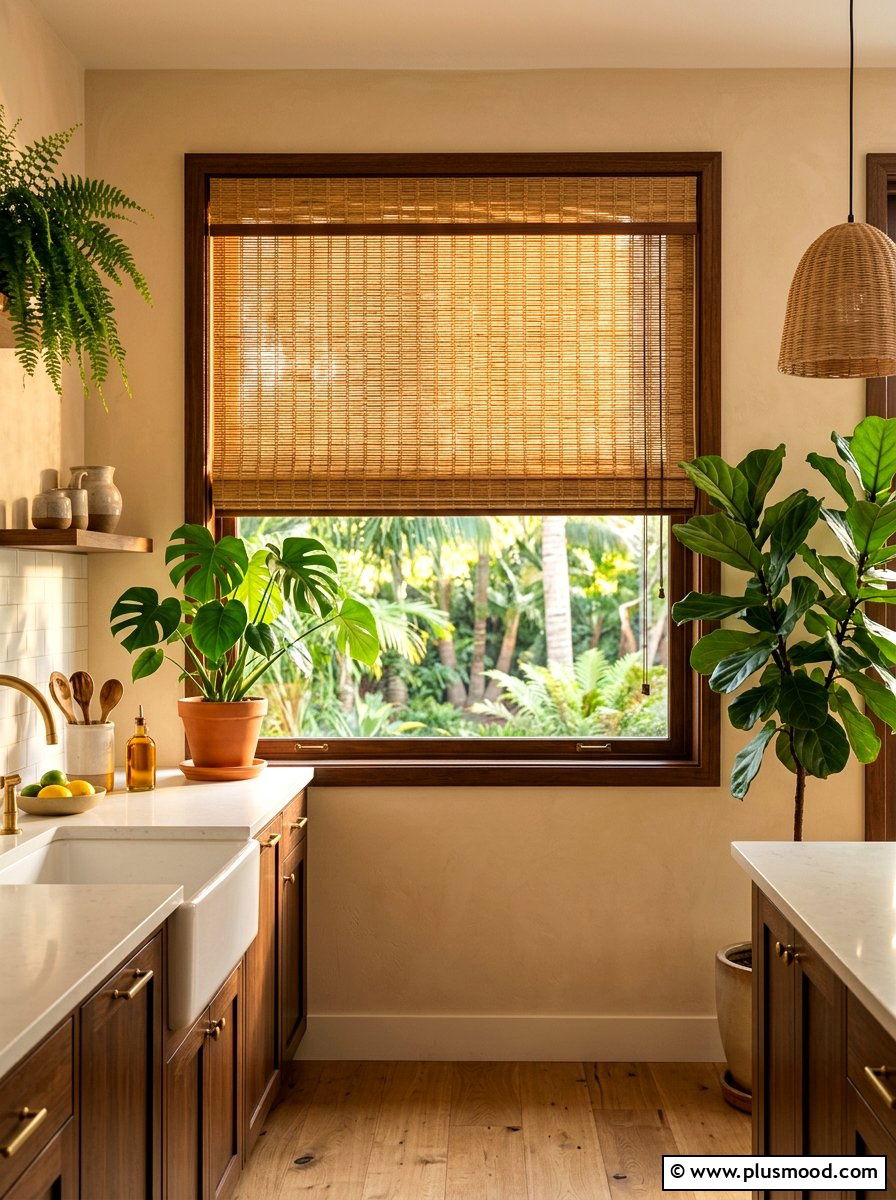 Woven rattan blind - 25 summer kitchen window decor ideas