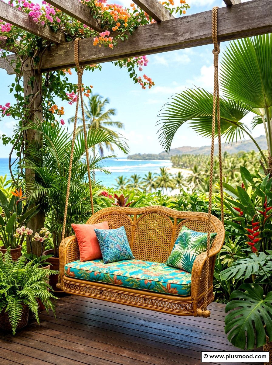 Woven rattan porch swing - 25 summer porch swing curb appeal ideas
