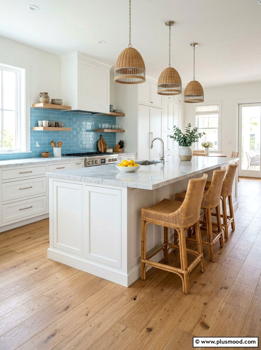 Woven rattan stools - 25 summer cottage kitchen ideas