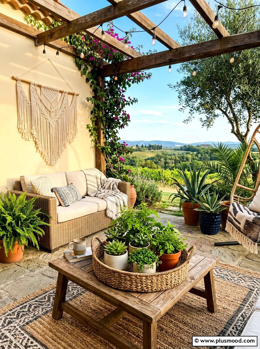 Woven seagrass basket with greenery - 25 summer patio centerpiece ideas